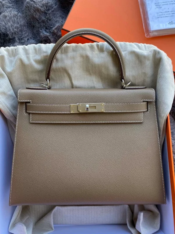 Hermès Kelly Epsom Etoupe Grey Silver Hardware 25cm Full Handmade