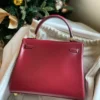 Hermès Kelly Shiny Box Leather Wine red Gold Hardware 25cm Full Handmade
