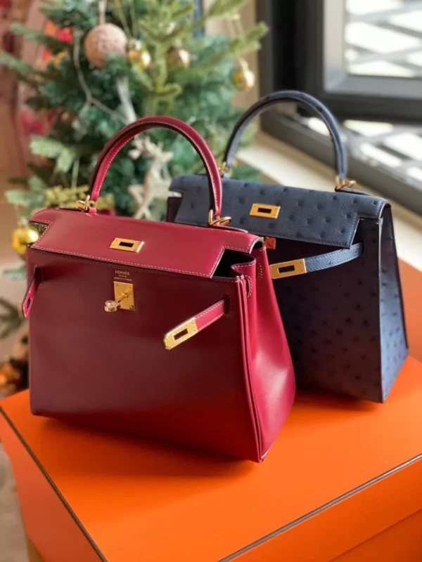 Hermès Kelly Shiny Box Leather Wine red Gold Hardware 25cm Full Handmade