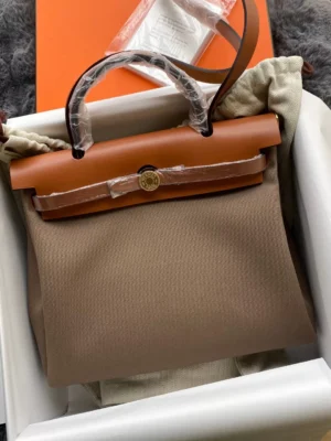 Hermès Herbag Canvas & Swift Etoupe Grey & Golden Brown Gold Hardware 31cm Full Handmade
