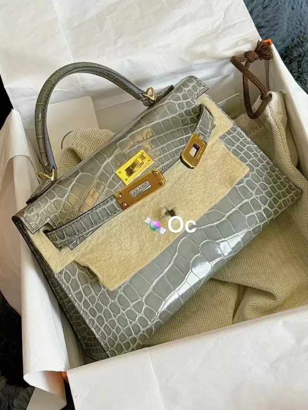 Hermès Mini kelly Shiny Alligator crocodile Tourterelle Grey Gold Hardware 19cm Full Handmade