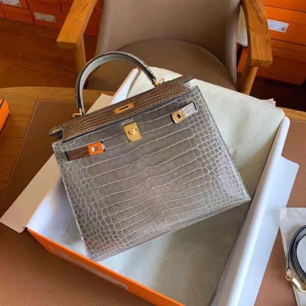 GPC Geta bag Kelly Shiny Porosus crocodile CK81 turtledove Grey Gold Hardware 25cm Full Handmade