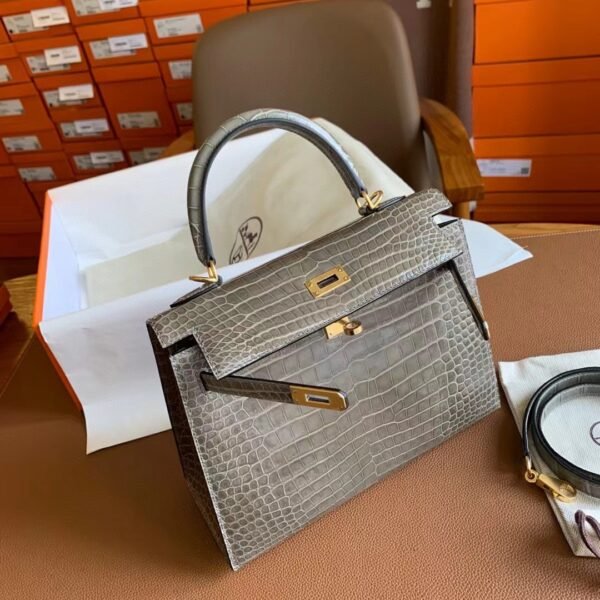GPC Geta bag Kelly Shiny Porosus crocodile CK81 turtledove Grey Gold Hardware 25cm Full Handmade