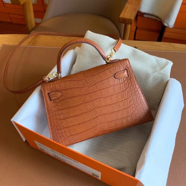 GPC Geta bag Mini Kelly Matte Alligator crocodile Golden Brown Gold Hardware 19cm Full Handmade