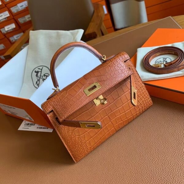 GPC Geta bag Mini Kelly Matte Alligator crocodile Golden Brown Gold Hardware 19cm Full Handmade