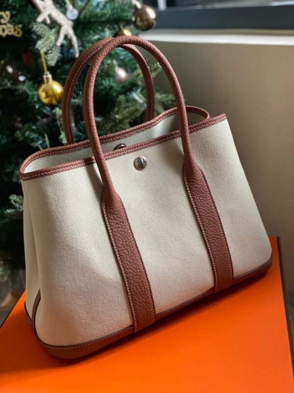 GPC Mode Garden party Canvas & Leather Rice White & Reddish brown Silver Hardware 30cm Full Handmade