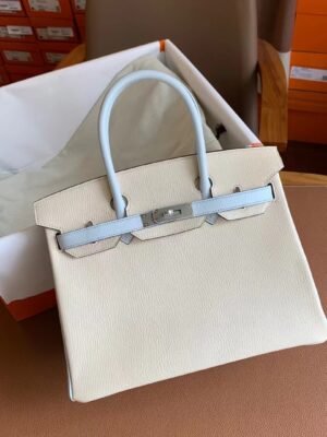 GPC Geta bag Birkin Chevre Cream White & Light Blue Silver Hardware 30cm Full Handmade