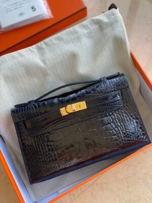 GPC Mode Mini kelly Pochette Shiny Alligator Crocodile Black Gold Hardward 22cm Full Handmade